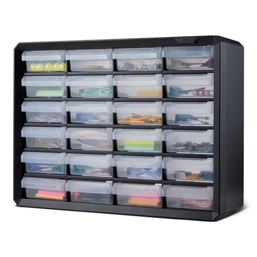 Amazon Basics Storage Cabinet, 24-Drawer Plastic Organizer with Dividers for Office/Craft/Tools, Wall Mountable, 6.3 x 21.3 x 15.8 inch, Black