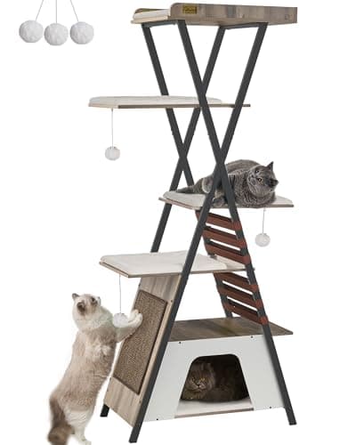 FourFurPets 72.4" Cat Tree, Modern Cat Tower for Indoor Cats, Multi-Level Cat Condo with Caves, Tall Cat Tree with Cat Scratching Board, Wooden Cat Tower with Large Perch, Removable Pads, Camel Brown