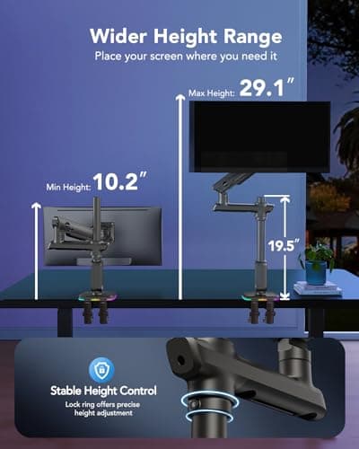 HUANUO RGB Heavy Duty Monitor Arm for Ultrawide Screens up to 57", Holds 44 lbs, Tall Ultrawide Monitor Stand with 29.1" Max Height, Fully Adjustable Single Computer Desk Mount, Max VESA 100x100mm 5