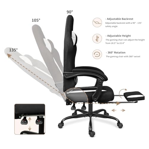 ErgoDesign Breathable Fabric Gaming Chair with Footrest, Height Adjustable Game Chair, Video Gaming Chair for Gaming Room, Living Room and Office - Black/White 6