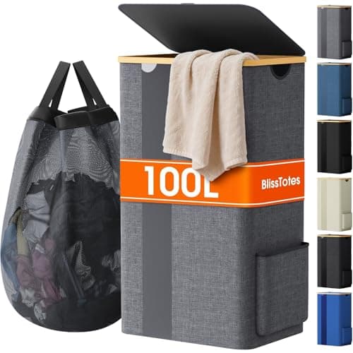 BlissTotes Laundry Basket with Lid, 100L Clothes Laundry Hamper with Handles and Removable Laundry Bag, Breathable Design Hamper with Lid for Bedroom, Bathroom, Dorm, Laundry Room - Light Grey