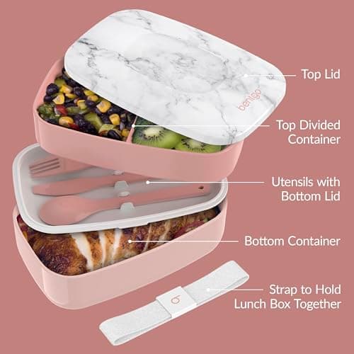 Bentgo Classic - Adult Bento Box, Stackable 3-Compartment Lunch Box with Removable Utensil Set and Sealing Strap, BPA-Free, Food Container Ideal for Meal Prep, Work, and On the Go (Blush Marble) 6