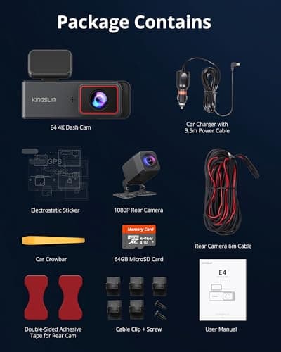 Kingslim 4K Dash Cam Front and Rear, Front 4K Rear 1080P Dual Dash Camera for Cars, Mini Dashcam with 64GB Card, APP Control, Night Vision, G-Sensor, Loop Recording, Parking Mode 10