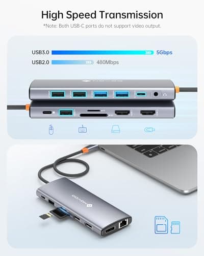 NOVOO USB C Docking Station Dual Monitor for Laptop, 14 in 1 Hub Adapter Thunderbolt 3 to Dual 4K60 HDMI+8K30 DP USB C/A Data 100W PD RJ45 SD/TF Audio 7