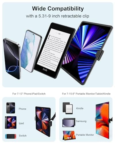 17.3" Portable Monitor Stand, Foldable Tablet Arm Mount for Desk, Kindle Holder for Reading in Bed, Adjustable Phone Stand Compatible with iPad Pro Air Mini, Samsung Galaxy Tab S9, Kindle, Cell Phone 6