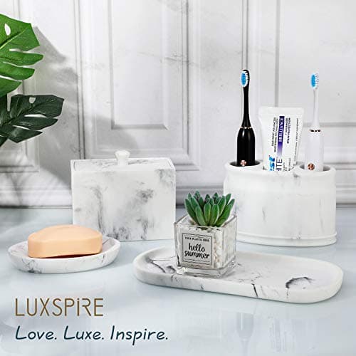 Luxspire Soap Dish, Resin Soap Tray Soap Holder Container Box, Marble Pattern Oval Soap Plate Case, Sponge Dish Scrubbers Tray Holder for Bathroom Vanity Shower Kitchen Sink Counter Top, Gravel White 7