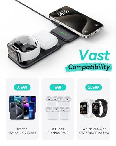 INIU 3 in 1 Charging Station Multiple Devices for Apple, 15W Magnetic Foldable Travel Wireless Charger for iPhone 16 pro max 15 14 13 12 Series, iWatch 10 9 8 SE/Ultra Series, AirPods 4 3 2 pro 6