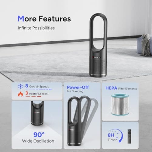 Faryuan 3 IN 1 Tower Fan, 31.5Inch Cooling & Heating Bladeless Fan with HEPA Filter 99.97%, Floor Fan Combo 80° Oscillating with Remote, 8H Timer for Indoor, Bedroom, Home Office Room 7
