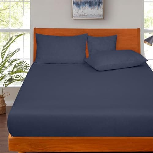 ROYALE LINENS 300 Thread Count 100% Long Staple Combed Cotton Fitted Sheet Twin - Super Soft Deep Pocket Bottom Sheet - Fitted Sheets Only - Elastic Sheets (Twin, Navy) 5