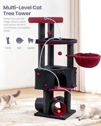 Heavy Duty Cat Tree for Large Cats Adult - 60 Inch XXL Sturdy Cat Tower Condo with Extra Wide Scratching Posts (φ4.4in) Big Cat House Hammock Perch - Indoor Wood Modern Multi Level Corner Cat Bed 9