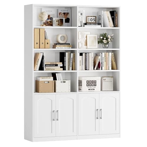 FACBOTALL Bookshelf and Bookcase with Doors, 6 Tier Double Wide Large Bookshelves, Open Display Shelves, 73'' Tall Bookshelf with Storage Cabinets for Home Office, Living Room, Library, White