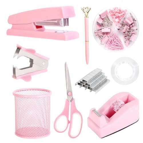 Pink Desk Accessories, Pink Office Supplies Set with Stapler, Tape Dispenser, Staple Remover, Pen Holder, Scissor, Binder/Paper Clips, Ballpoint Pen, Clear Tape and 1000pcs Staples