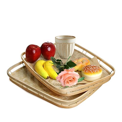 PEMAR Bamboo Wicker Serving Trays for Food, Rectangular Lap Trays for Foods & Drinks. Decorative Platters for Coffee Table. 2 Pack Set (Standard (16.93”L x 13”W))