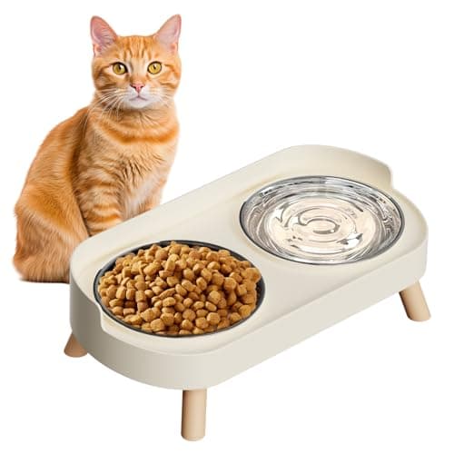 Elevated Cat Bowl, Raised Cat Food and Water Bowl Set for Indoor Cats, Splash Proof with 2 Stainless Steel Pet Food Bowls for Cats and Puppies, Whisker Fatigue and Dishwasher Safe - White