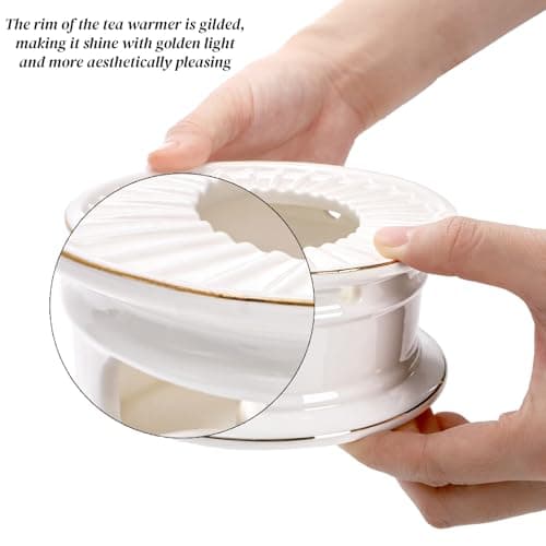 Nagpew Ceramic Teapot Warmer, Gold Rim Teapot Heater with Tealight Holder, White Porcelain Tea Kettle Holder Warming Base for Heating Coffee, Milk, Water, Soup 5