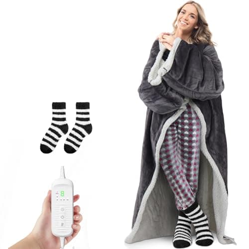 ShinyMatch Electric Snuggle Throw Blankets with Matching Sock Set Wearable Heated Blanket Winter Gift, 6 Heating Levels and 2 to 10 Hours Heating Hour Settings, 50 x 70(Elegant,Gray)