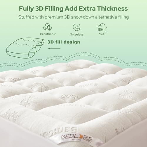 BEDLORE Queen Mattress Topper Viscose Derived from Bamboo, Thick Pillow Top Mattress Pad with Stretchable Pockets for 6-18 inches Mattress, Soft Breathable Mattress Topper for Back Pain Relief 5