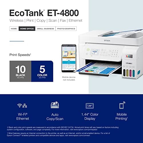 Epson EcoTank ET-4800 Wireless All-in-One Cartridge-Free Supertank Printer with Scanner, Copier, Fax, ADF and Ethernet – Ideal-for Your Home Office, White 5