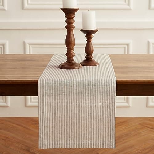 Solino Home Linen Table Runner 90 Inches Long - Narrow Stripe, 100% Pure Linen Natural and White Farmhouse Table Runner 14 x 90 Inch for Dining, Spring, Easter, Mothers Day
