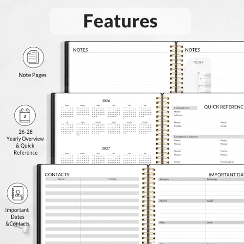 SUNEE 2026 Weekly and Monthly Planner - from January 2026 - December 2026, Daily Agenda Planner with Monthly Tab, Flexible Cover, Note Pages, Pockets, Bookmark, Spiral Binding, Black, 6.4" x 8.3" 5