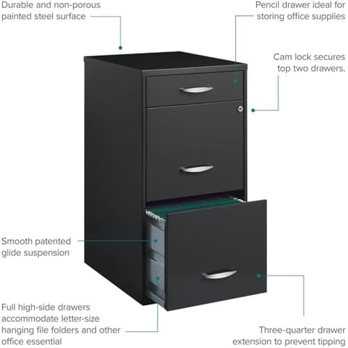 Scranton & Co 3-Drawer Metal Filing Cabinet, 27.32" H x 14.25" W x 18.00" D, Charcoal Finish, Lockable Lateral File Cabinet for Home or Office Organization, Letter Size Hanging File Storage 7