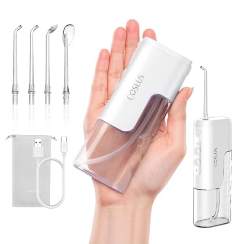 COSLUS T40 Mini Water Flosser for Travel: Portable Compact Design, Cordless Oral Irrigator with 4 Jet Tips Storable, IPX7 Waterproof for Braces, Orthodontic, Sensitive Gums Outing & Home, White