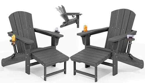 KINGYES Folding Adjustable Adirondack Chair with Retractable Ottoman Set of 2, HDPE All Weather Chair with Cup Holder, Wood-Like Recliner Adirondack Outdoor Chair - Versatile Adirondack Chair, Grey