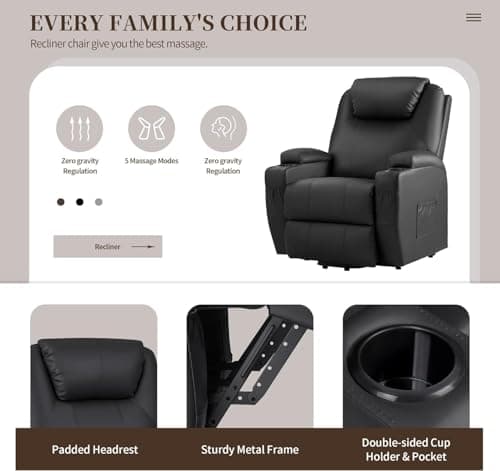 JUMMICO Power Lift Recliner Chair with Massage for Elderly PU Leather Modern Reclining Sofa Chair with Cup Holders, Remote Control, Adjustable Furniture (Black) 6