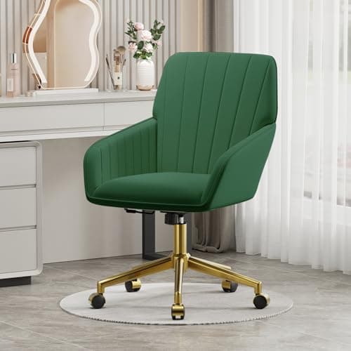 YISHENG Velvet Office Desk Chair with Gold Base, with Wheels,Modern Height Adjustable 360 Degree Swivel Upholstered Vanity Chairs with Arms for Living Room Bedroom,Green 7