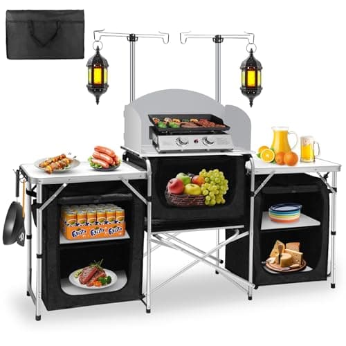 Seeutek Camping Kitchen Table Aluminum Portable Outdoor Cooking Table Foldable Camp Table with Windscreen and 3 Storage Cupboards Multifunctional for BBQ, Party & Outdoor Activities