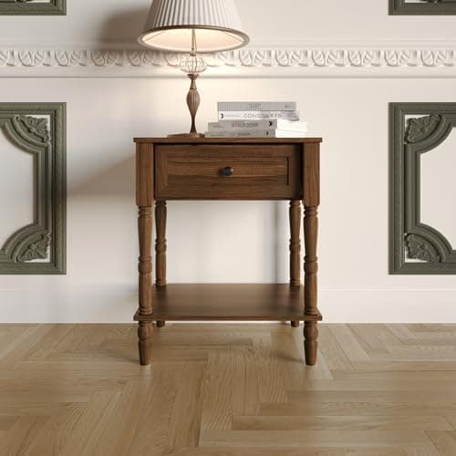 Home Design Rumford 1 Drawer Nightstand, Modern Bedside Table with Storage, Woodgrain Finish, Turned Legs, Open Shelf, Round Black Knob, Brown