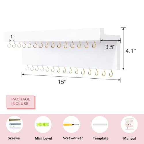 CCINPPY Necklace Holder Wall, Jewelry Holder Organizer Wall with 30 Jewelry Hooks and Shelf, Wooden Hanging Necklace Hanger Organizer Wall Mount for Necklaces Bracelets, and Chains White 6