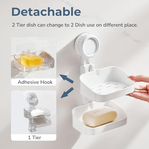 DEEIF Soap Dish for Shower, Suction Cup Bathroom Double Soap Dish Holder for Shower Wall, Self Draining Bar Soap Holder (Clear- 2 Tier) 5