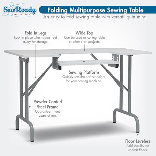 Sew Ready Folding Multipurpose Sewing Table - 47.5" W x 28" D Foldable White Hobby and Sewing Machine Table with Adjustable Shelf - Can Also Be Used as Computer Desk 3