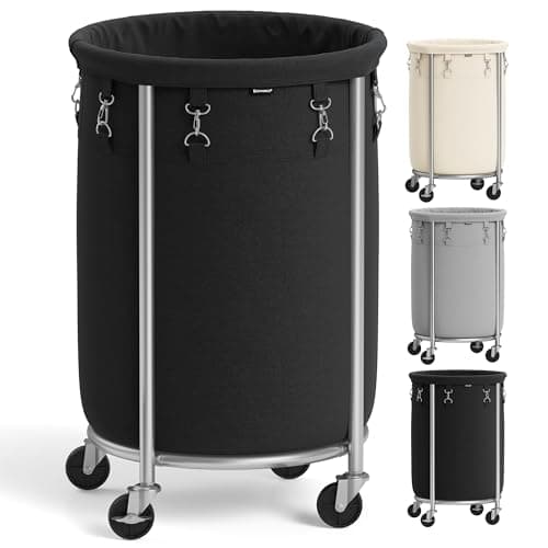 SONGMICS 18.5-Gallon (70 L) Laundry Basket with Wheels, Rolling Round Heavy-Duty Laundry Hamper Cart with Steel Frame and Removable Bag, 2 Locking Wheels, Ink Black and Metallic Silver URLS006B01