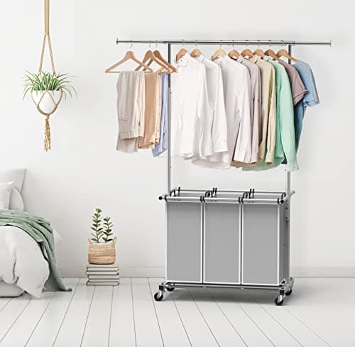 Simple Houseware 3 Bags Laundry Sorter with Extensible Clothes Hanging Rod 7