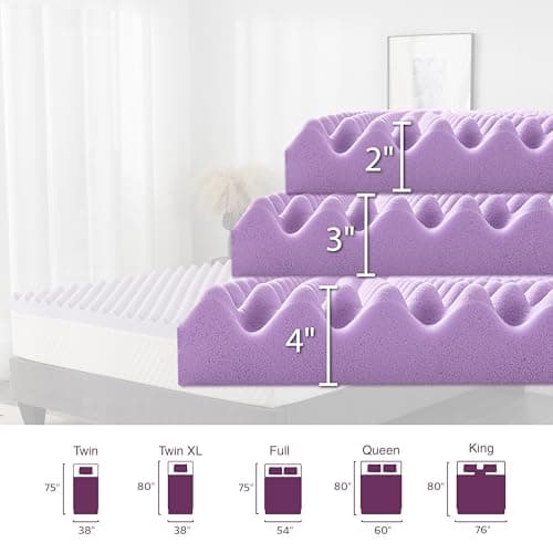3 Inch Egg Crate Queen Memory Foam Mattress Topper, Lavender Scent Gel Infused Foam Mattress Topper for Pressure Relief, CertiPUR-US Certified Queen Bed Topper, Purple, 60"×80" 5