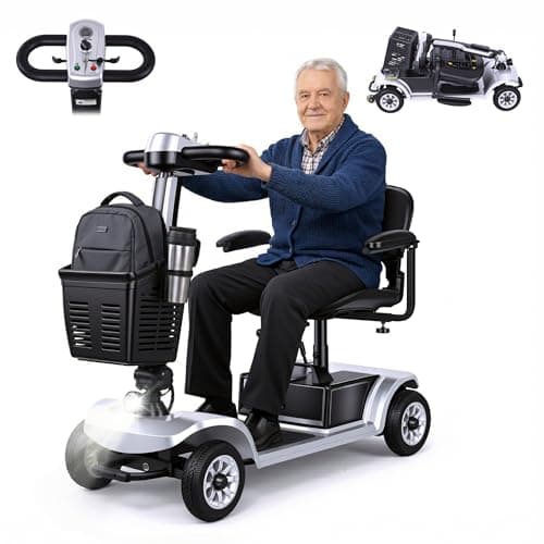 4 Wheel Mobility Scooter Electric Powered Wheelchair Heavy Duty Mobile for Adults, Elderly Long Range Power Extended Battery with Magnetic Brake, Foldable Travel Mobility Scooters (Silvery)