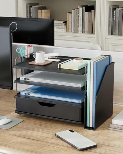 Kitsure Desk Organizer - 4-Tier Office Desk Accessories with Drawer ＆ Pen Holder, Tool-Free Assembly Organizer with Non-Slip Pads, for Office Supplies Storage, Plastic, 13.3" x 8.0" x 10.8", Black 7