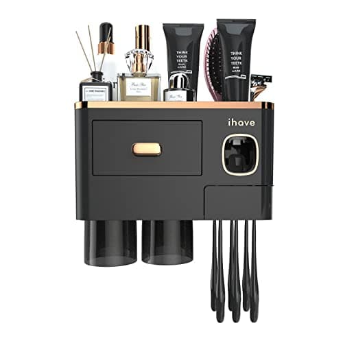 iHave Toothbrush Holders Wall Mounted with Toothpaste Dispenser & 2 Cups - Luxury Black and Gold Design for Bathroom Decor, All-in-One Bathroom Organizers & Storage for Toothbrushes and Accessories 7