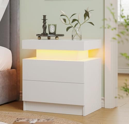 White LED Nightstand Modern Night Stand for Bedroom Bedside Table with 2 Wood Drawers End Side Table