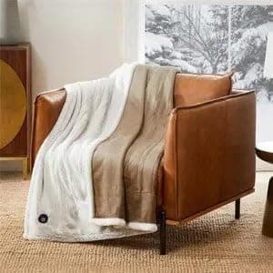 Berkshire Life Heated Throw - 50 in X 60 in Electric Blanket - EZ Touch Button - 4 Heat Settings - Machine Washable - Extra Long Cord - Reversable White Luxe Faux Fur to Color - Tan/Taupe