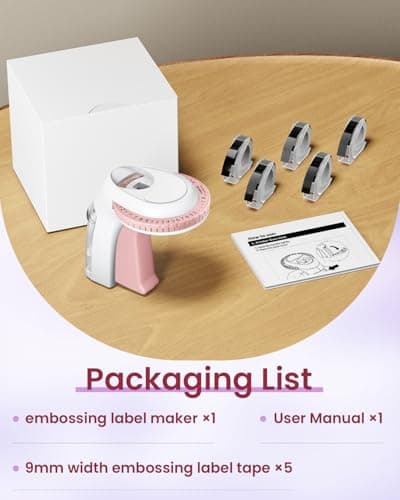 Embossing Label Maker Machine, Pink Omega S Embossed Label Maker, 3D Embossing Labeler Portable Handheld Old School Label Printer for Home Office DIY 9