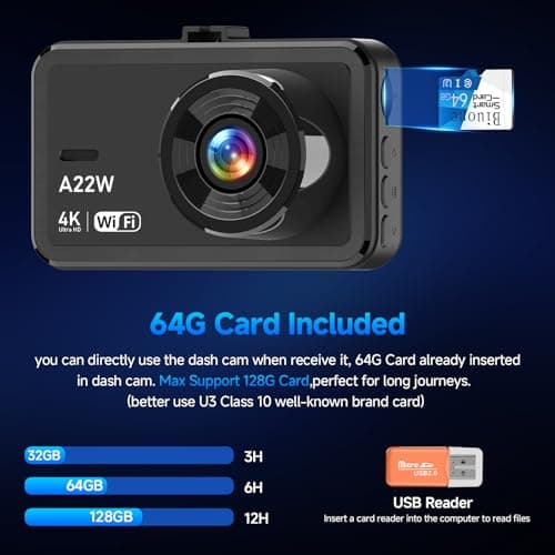 Front and Rear Dash Camera, 4K Dash Cam WiFi Car Camera with 64GB Card, 3.0" IPS Dash Camera for Cars with USB Charger, WDR, Night Vision, 170° Wide Angle, G-Sensor, Loop Recording, 24H Parking Mode 5