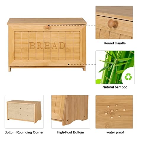 HOMEKOKO Vintage Large Wood Bread Box for Kitchen Counter, Retro Design Single Layer Bamboo Large Capacity Food Storage Bin (Natural Bamboo) 5