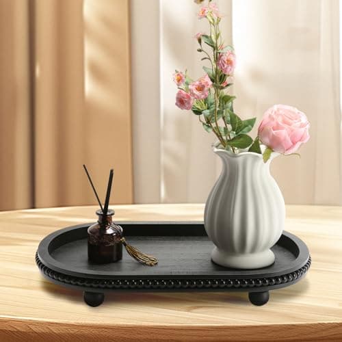 SYNCVIBE Wooden Decorative Tray for Home Decor, Beaded Black Oval Tray Decor for Coffee Table, Rustic Wood Serving Trays Farmhouse Centerpieces for Living Room Kitchen Counter (Black Oval) 7