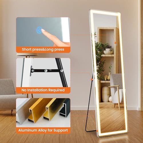 Sweetcrispy Full Length Mirror with LED Lights, 60"x16" Lighted Floor Mirror with Dimming & 3 Color Lighting, Stand for Bedroom, Dressing Room, Rectangle 6