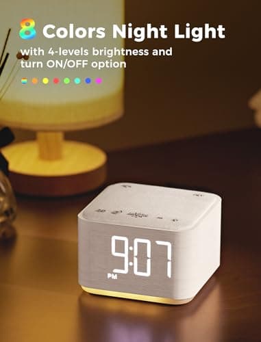 Sound Machine Alarm Clock for Bedroom: 5W Stereo Bluetooth Speaker - 25 Soothing Sounds - 8 Alarm Sounds - 8 Night Light - Noise Machine for Sleeping - Wood 7