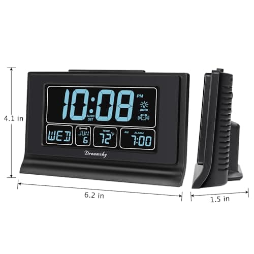 DreamSky Alarm Clocks for Bedrooms with Battery Backup, Auto Set Digital Clock with Date and Day of Week, Temperature, USB Port, Auto DST, Dimmer, 12/24H 6