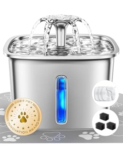 Veken Innovation Award Winner Stainless Steel Cat Water Fountain, 95oz/2.8L Automatic Pet Fountain with 3 Replacement Filters & 3 Pre-Filter Sponges & Silicone Mat for Cats, Dogs (Silver)